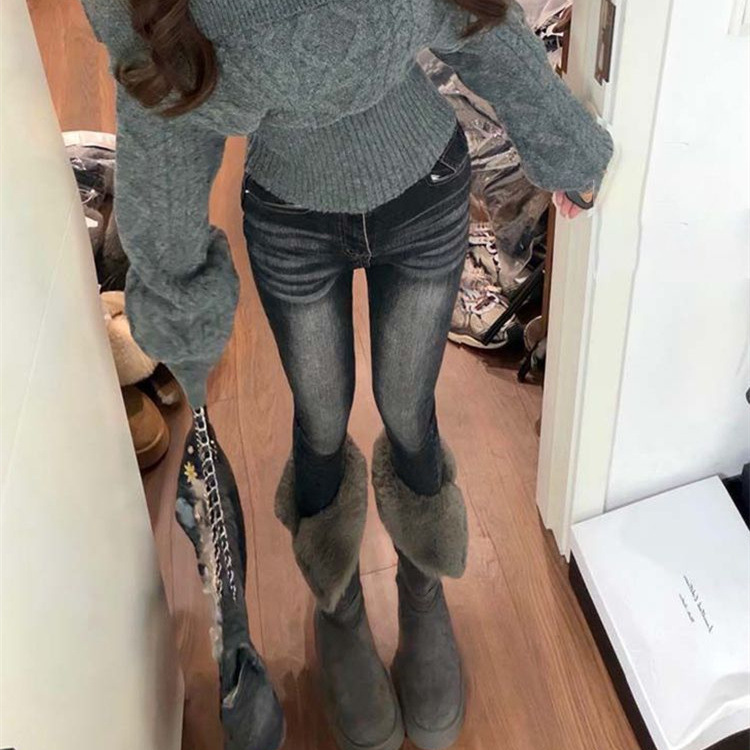 Black and Gray Stretch Skinny Jeans for Women, 2026 Autumn and Winter New Style, Gradient Washed, Low-Waist, Slimming, Versatile Skinny Pants