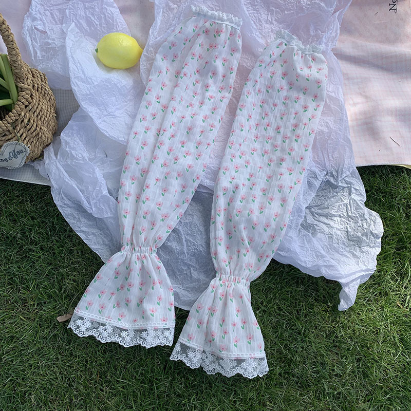 Mangas de hielo, mangas de protección solar, verano femenino, fresco, floral pequeño, encaje francés, sombreado, viaje en bicicleta, juego de máscara de manga de hielo