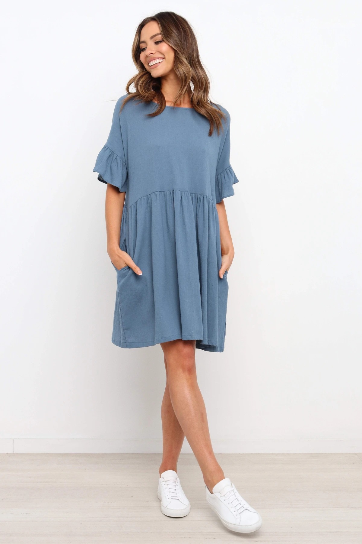 round neck short sleeve loose pleated solid color dress  NSYD36535