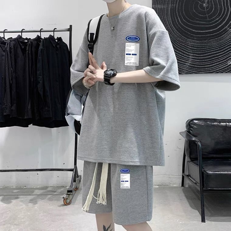 Sports Suit Men's Summer Loose Casual Short Sleeve Shorts Waffle Men's Teenage Handsome Student Clothes
