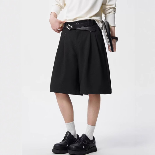 American vibe pleated men's summer streetwear retro versatile casual shorts high street loose wide-leg five-pocket pants