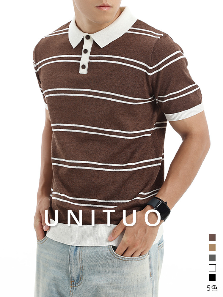 Verano para hombres con collar de contraste a rayas de hielo polo transpirable mangas cortas de negocios casual alta sensación de ropa de hombre