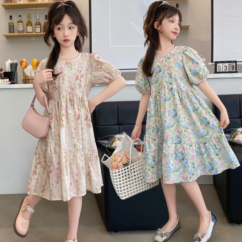 Girls' Cotton Skirt Summer Kidsren's French Floral Dress Medium and Large Kidsren's Cute and Sweet 2025 New Kidsren's Skirt