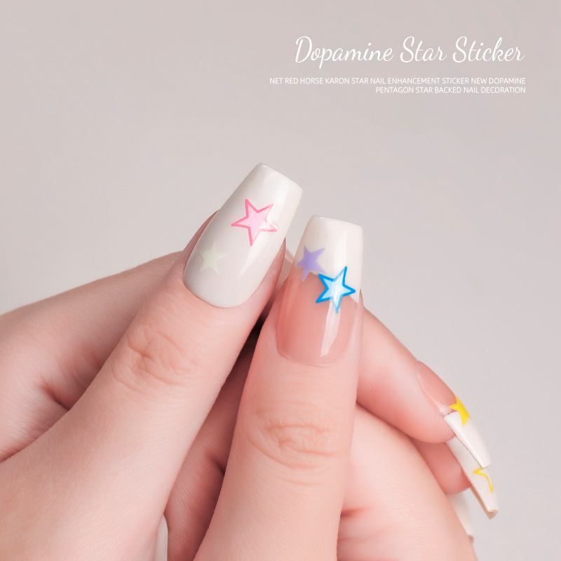Online rojo macaron estrella uñas pegatinas 2023 nueva dopamina cinco puntas estrella adhesivo decoración de uñas al por mayor