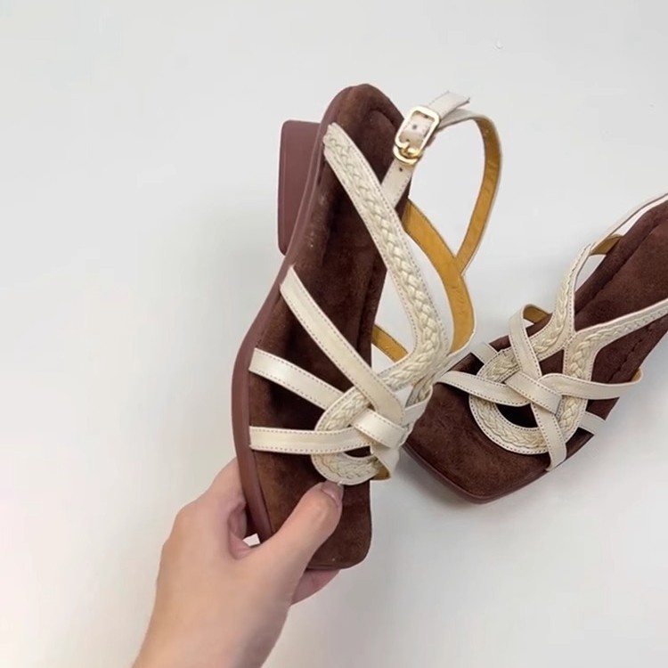 Women's Retro Square Toe Woven Sandals With Stiletto Heels_voghion.com