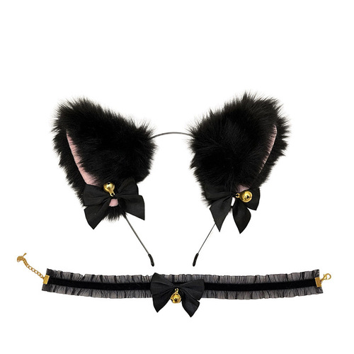 (Hairband + Collar) Cat Ears Bell Hairpin Female Little Wild Cat Rabbit Hairpin Headband New Year Head Accessories