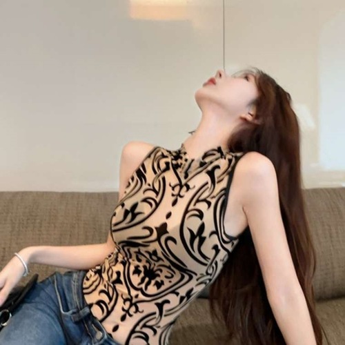 New Chinese Style Summer Retro Print National Style Sexy Sheer Mesh Collar-Up Top Women's Bodysuit