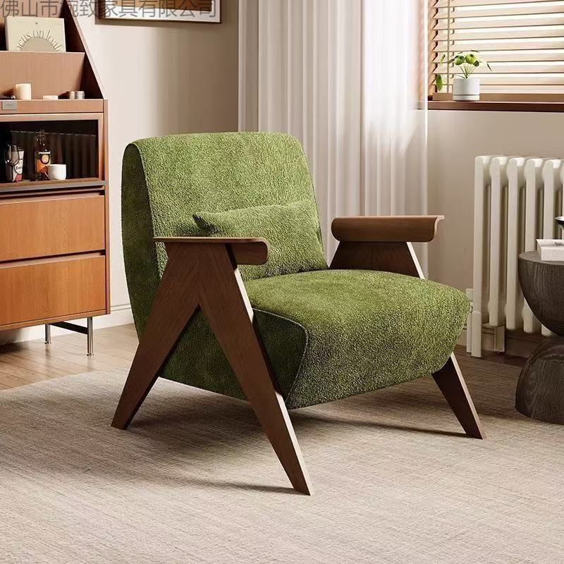 Single Sofa Chair Chenille Designer Light Luxury Retro Mid-Century Style Balcony Leisure Chair B&B Solid Wood Living Room