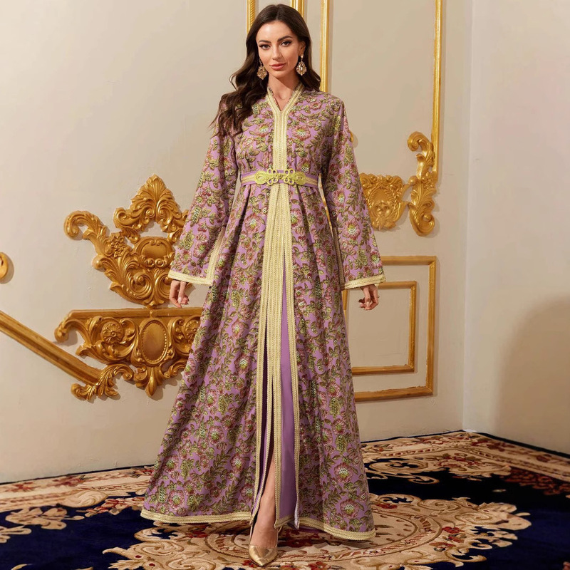 Cross-Border Fashion Women's Long Gown Elegant Evening Dress Long Skirt with Belt Long Sleeves Printed Color-Blocking Women's Dress Cross-Border Fashion Women's Long Gown Elegant Evening Dress Long Skirt with Belt Long Sleeves Printed Color-Blocking Women's Dress