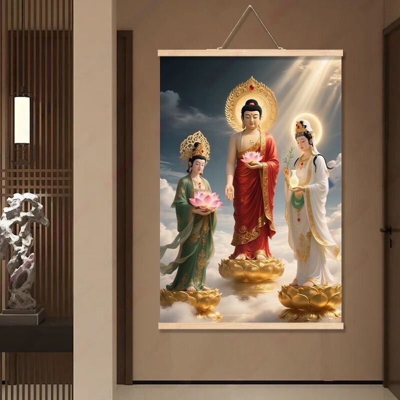 The Western Three Saints Guanyin Temple Features a Buddha Statue of Amitabha, Wall Paintings, Decorative Paintings, and Hanging Paintings The Western Three Saints Guanyin Temple Features a Buddha Statue of Amitabha, Wall Paintings, Decorative Paintings, and Hanging Paintings