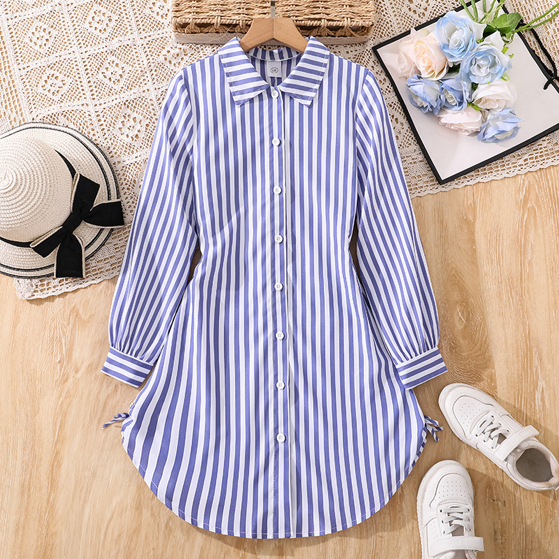 Vestido de niña de comercio exterior 2026 otoño nuevo estilo rayas de niños de tamaño medio y grande de manga larga larga larga laterales de dibujo de la camisa de cintura de falda