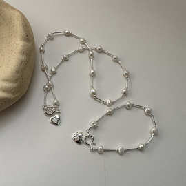S925纯银心形珍珠手链项链日系ins博主同款小众设计六芒星爱心链
