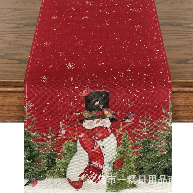 国境を越えて人気のクリスマステーブル旗サンタクロースヘラジカ雪だるま亜麻プリント客間茶卓装飾品|undefined