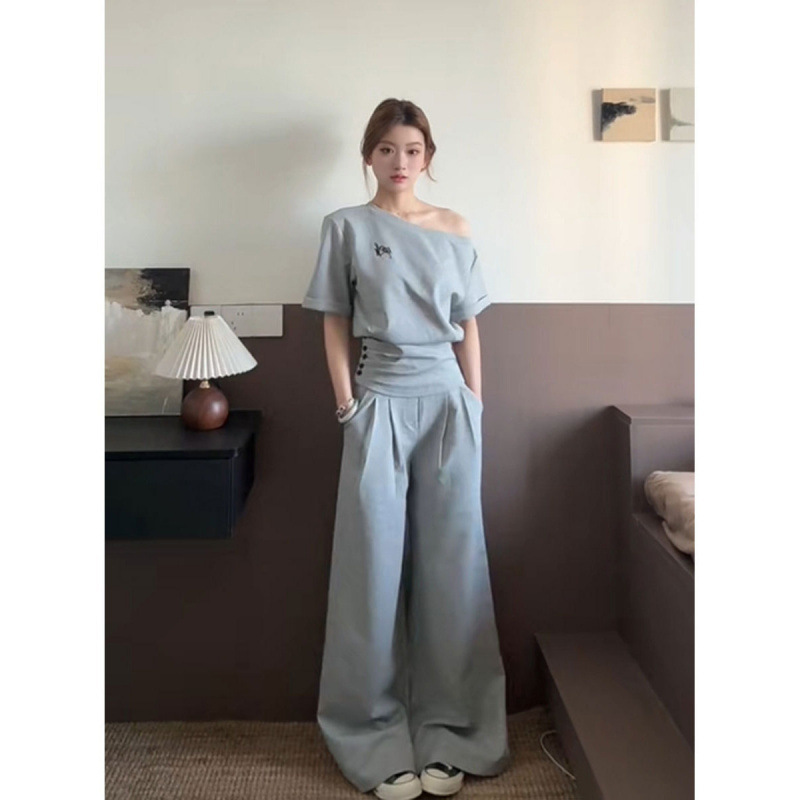时尚韩系设计感露肩卫衣阔腿卫裤两件套运动风穿搭时尚减龄一整套|undefined