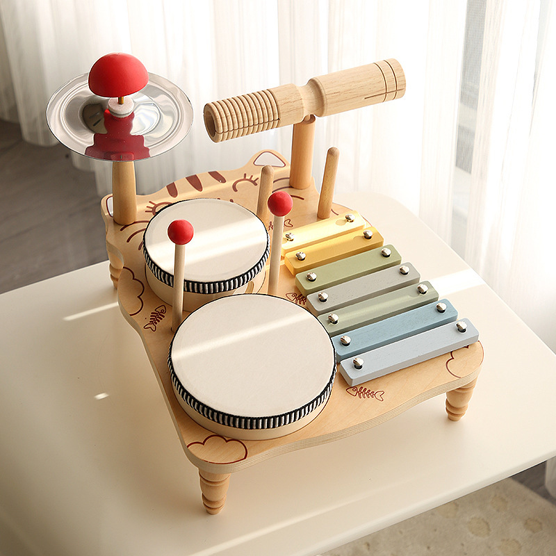 Conjunto de batería multifuncional de educación temprana Montessori liberación de madera bebé color cognición música talento educativo iluminación juguete