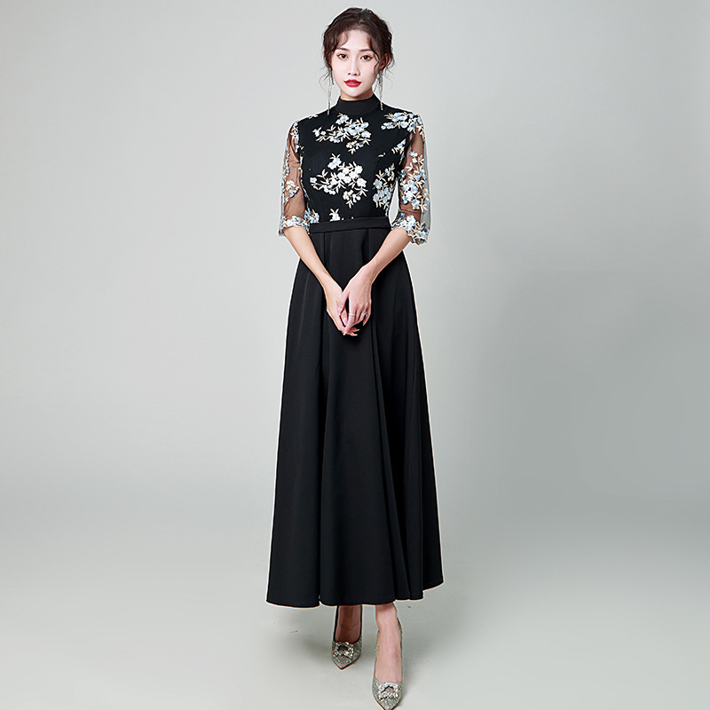 2026 New Long Floral Dress Black Elegant Banquet Evening Dress Annual Party Prom Birthday Adult Dress 2026 New Long Floral Dress Black Elegant Banquet Evening Dress Annual Party Prom Birthday Adult Dress