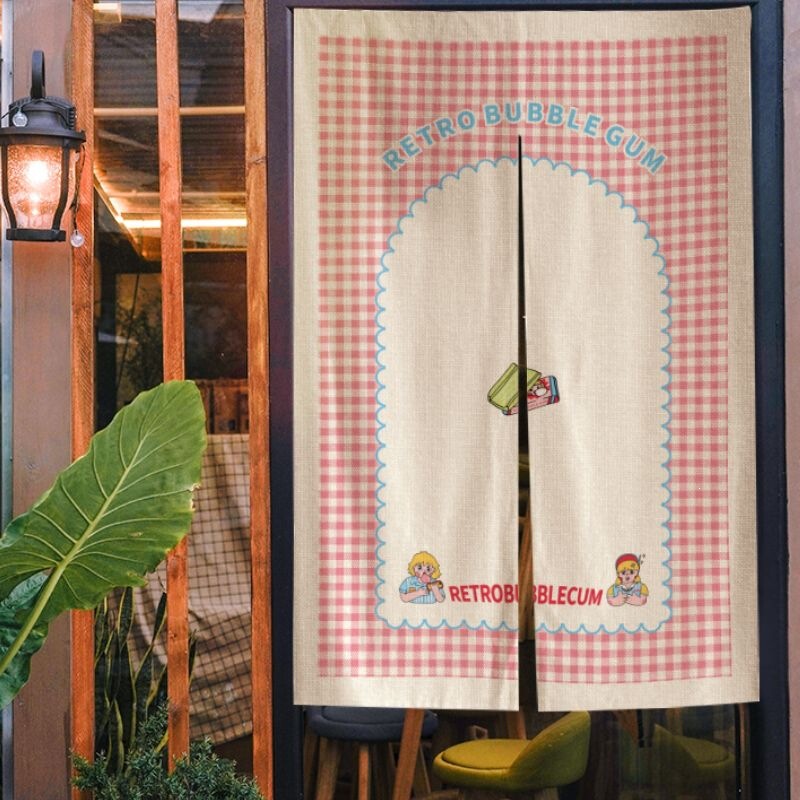 Cute plaid bubblegum blue and pink bedroom door curtain, simple bathroom, room, kitchen partition, no-drill fabric curtain