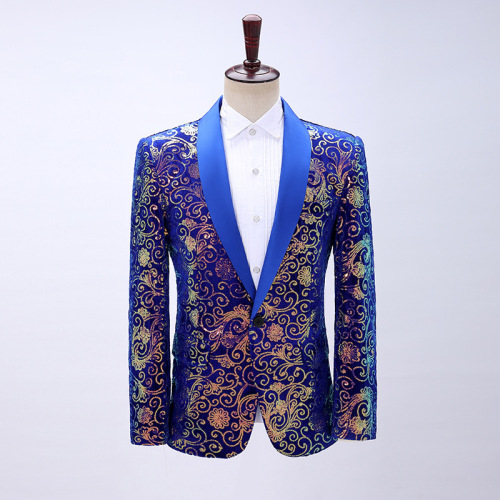 Men's blue gold velveteen moire sequins color singers host jazz dance solo blazers suit host singers dress suit for male photos shooting model show coat for man