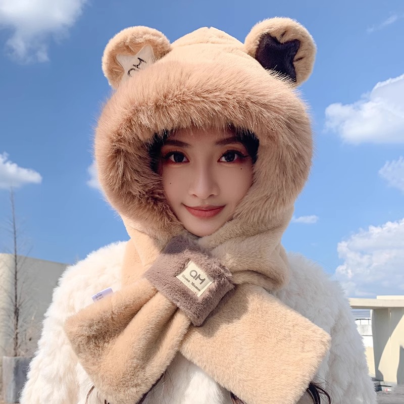 Añadir vello grueso lindos sombrero bufandas de oso en un conjunto de dos piezas para mujeres otoño y invierno nuevo buñuelo de peluche cálido con sombrero