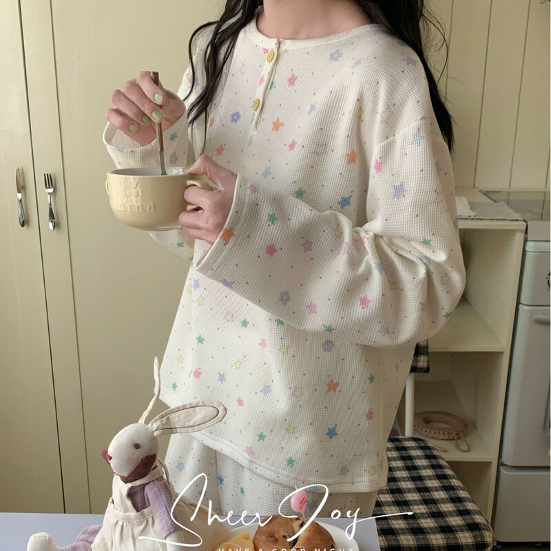 Spring and Autumn Waffle Knit Round Neck Long-Sleeve Long Pants Loungewear Set Japanese Sweet Casual Pajamas for Women Spring and Autumn Waffle Knit Round Neck Long-Sleeve Long Pants Loungewear Set Japanese Sweet Casual Pajamas for Women