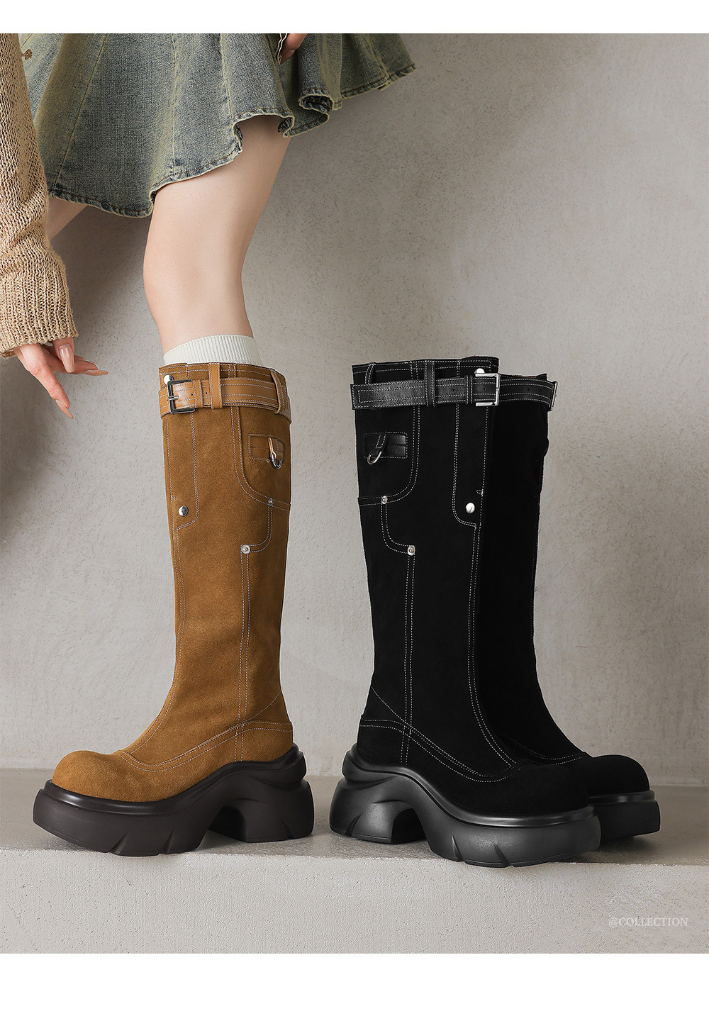 Boot nữ cao cổ hai kiểu mũi tròn đế dày phong cách Maillard da bò thời trang — Lớp lót nhung đen chi tiết 2
