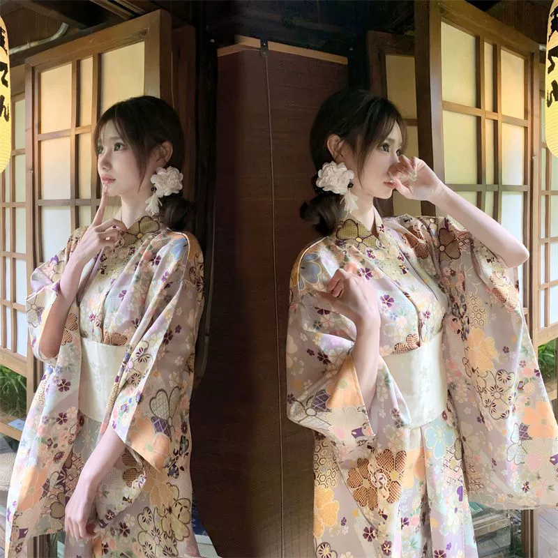 Японское кимоно в стиле юката с цветочным ретро-принтом, улучшенная версия, милое платье для девочки