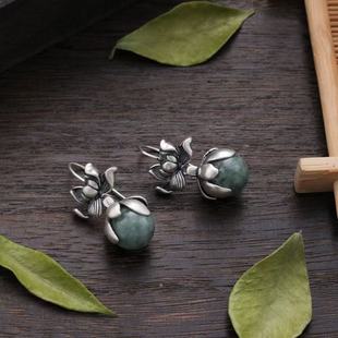 925 Sterling Silver Good Things Lotus Round Bead Lotus Earrings Retro Jade Earrings Feminine Versatile High-End Earrings