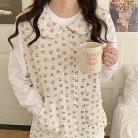 韩国ins女士秋冬新款夹丝棉樱桃印花娃娃领马甲套装家居服睡衣女