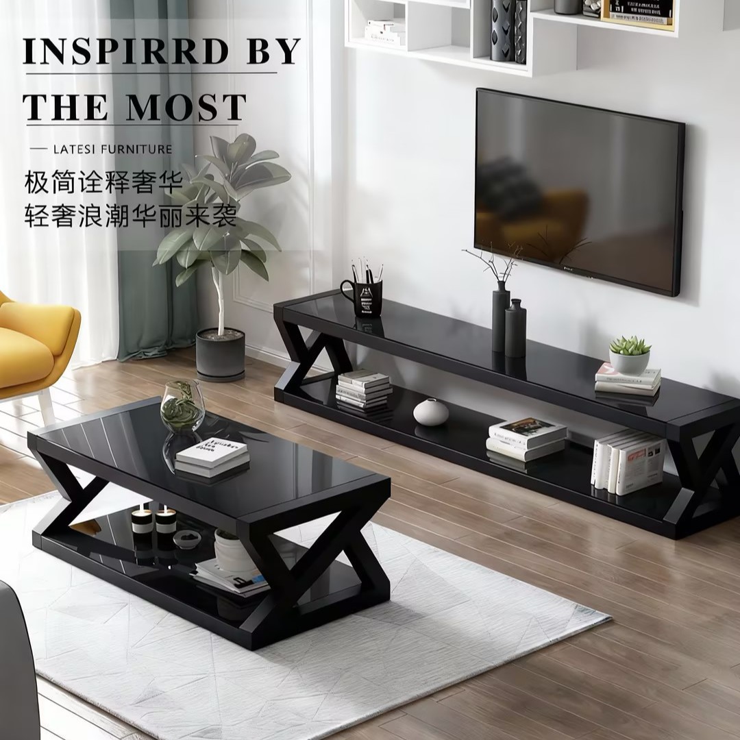 Manufacturer Modern Simple Black Tempered Glass Coffee Table Table Tv Cabinet Combination Simple Living Room European Style Small Apartment