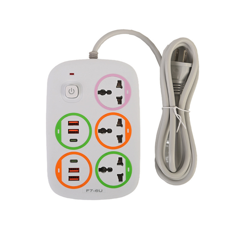 4USB + 2Type-C Black and White Shell Estándar británico Estándar europeo Estándar americano Embalaje neutro interruptor de control general Decoración de círculo de color