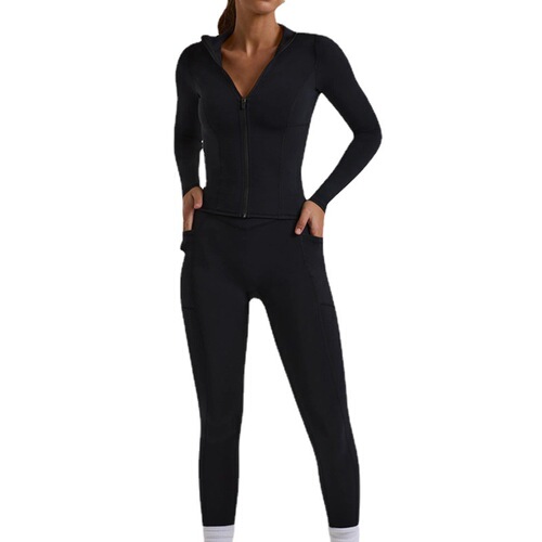 Cross-border new long-sleeved tops for tummy control and body shaping with pockets yoga pants fitness tights sports suits wholesale
