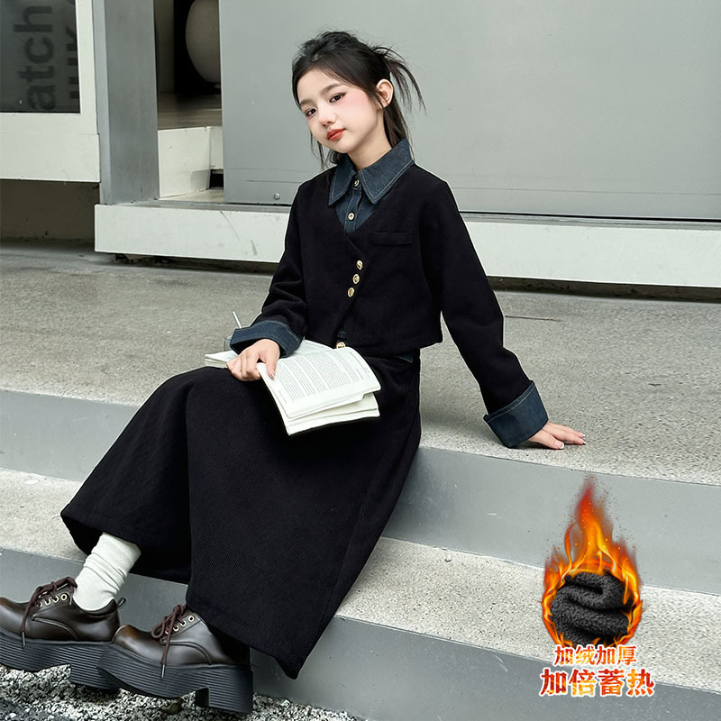 소녀들의 가을과 겨울 기모 중대 아이들과 어린 소녀들을 원피스 두꺼운 세트 유행 서양식 어린이 겨울 원피스