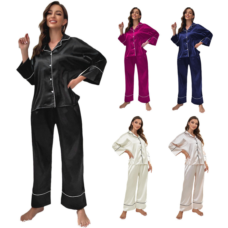 Foreign Trade European and American Imitation Silk Pajamas for Women, Autumn and Winter Long-Sleeved Pajamas, Home Clothes Sets That Can Be Worn Outside Cross-Border Amazon