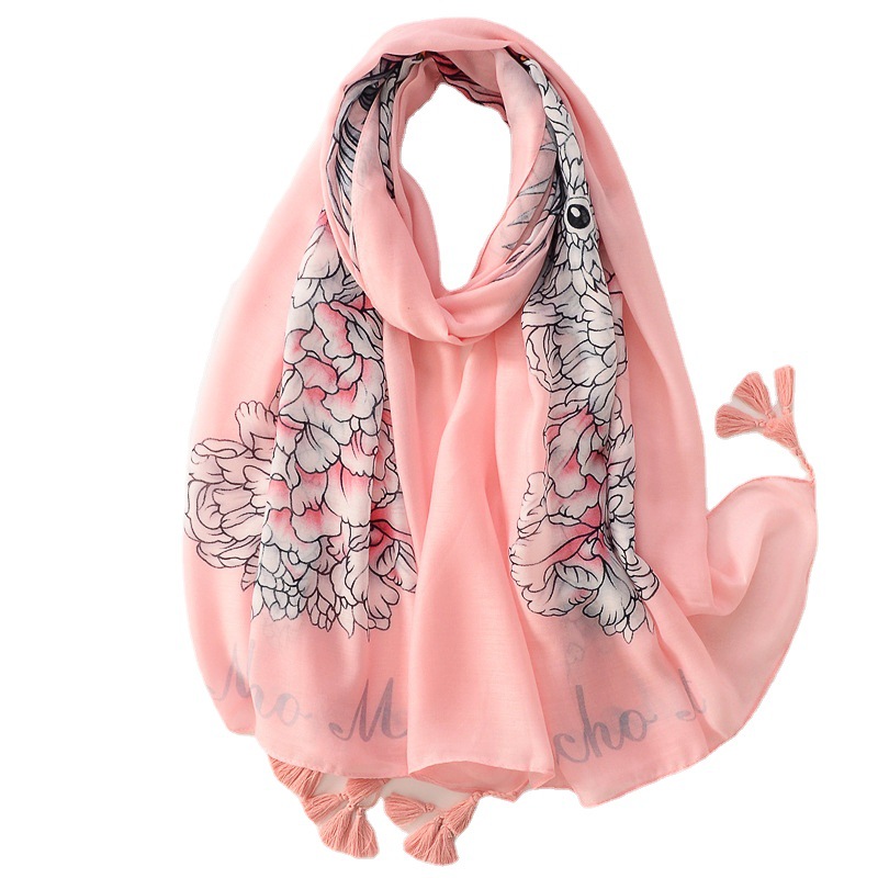 Estilo coreano fresco Rosa pluma impresa algodón y lino sensación bufanda de viaje protector solar verano toalla playa delgada para las mujeres