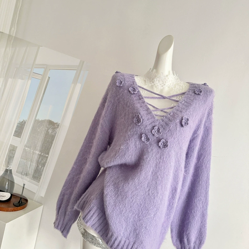 Purple demi-season three dimensional sweater, oversize, flowered