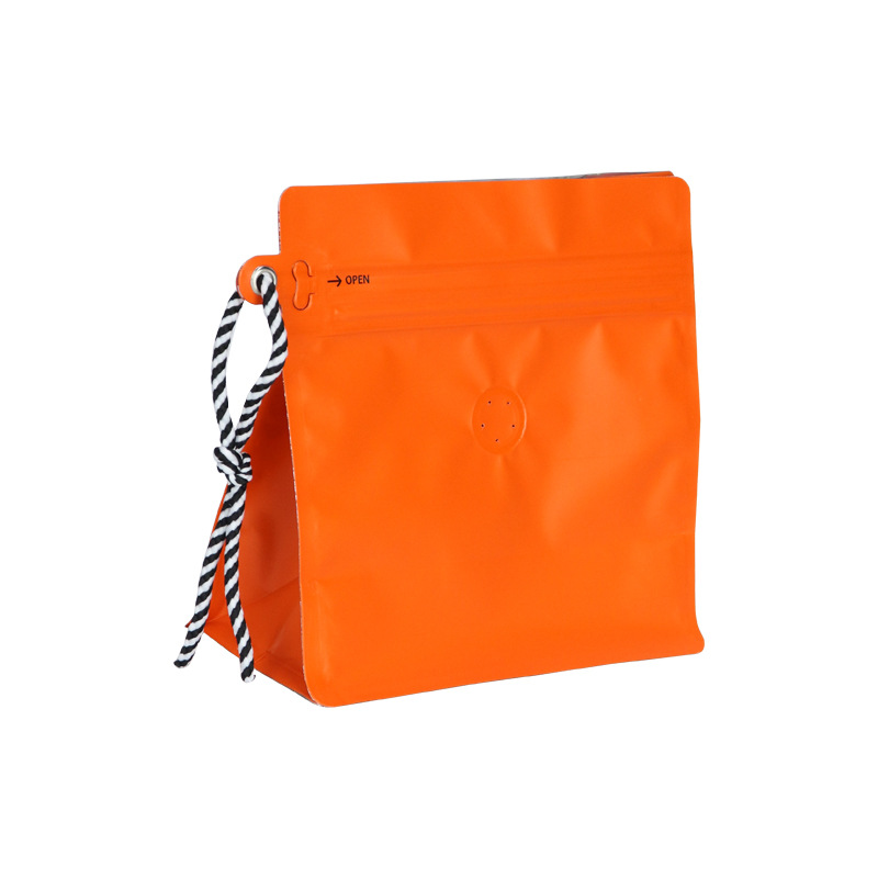 Bolsa de café de cordón sellada de ocho lados con papel de aluminio sellada válvula de aire unidireccional portátil media libra de bolsa de embalaje de granos de café
