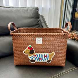 小红书同款脏衣篓美式腊肠狗脏衣服收纳筐篮网红款仿藤编PU把衣桶