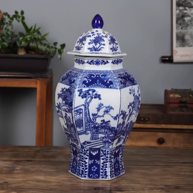 Jingdezhen antiguo tanque de almacenamiento de cerámica azul china modelo de casa de estilo residencial hotel sala de té decoración para el hogar