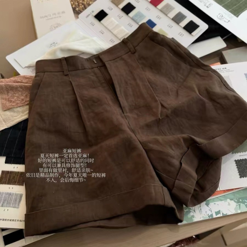 Sun! French Imported Brown Linen Wide-Leg Shorts for Women, 2026 Summer Fashionable Casual Old Money Style Pants