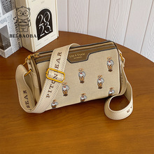 北包包源头工厂帆布撞色刺绣宽肩带包包女2024休闲卡通单肩斜跨包