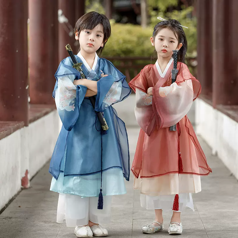 秋季新款男童改良古装汉服女童学校表演服儿童刺绣古装一件代发