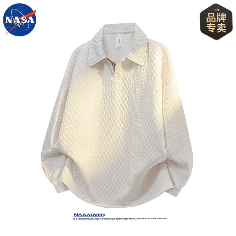 Nasa Brand Spring & Fall Men's Textured Design Versatile American Trendyy Heavy Loose Casual Lapel Polo Shirt