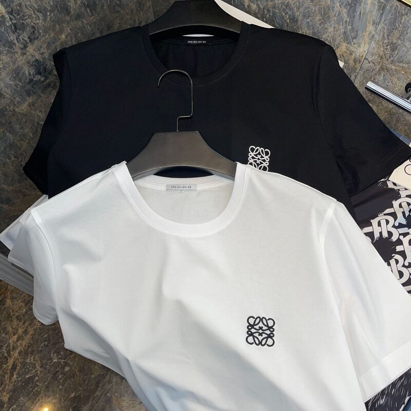 High-Quality Mercerized Cotton Men's Short-Sleeved T-Shirt, Exquisite Big-Name Embroider, Pure Color, Simple Summer Breathable and Handsome Half-Sleeved T-Shirt