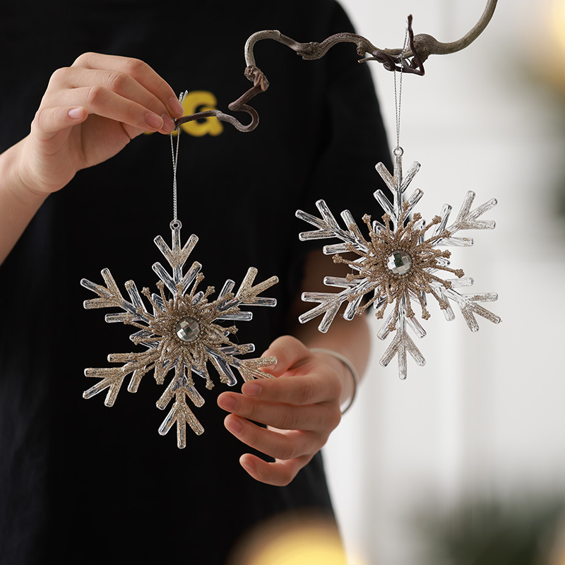 Nuevos productos transfronterizos transparentes copo de nieve acrílico decoraciones de árbol de Navidad guirnaldas bolsas de regalo colgante diseño accesorios colgante