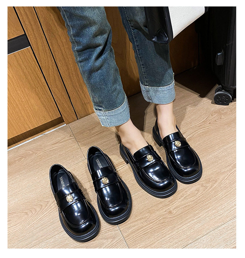 Giày lười nữ da phong cách Anh khóa xu, đế dày gót 3–5 cm, mũi tròn, size lớn — Màu Đen/lót nhung, Màu đen/lót một lớp chi tiết 14