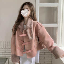 立领加厚羊羔毛绒外套女秋冬感小个子宽松短款皮毛一体机车服
