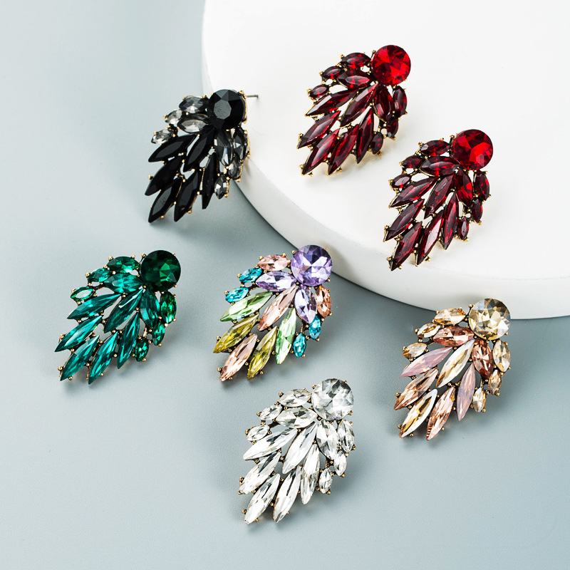 European and American Fashion Color Rhinestone Series Alloy Leaf Shape Earrings Simple Internet Cele
