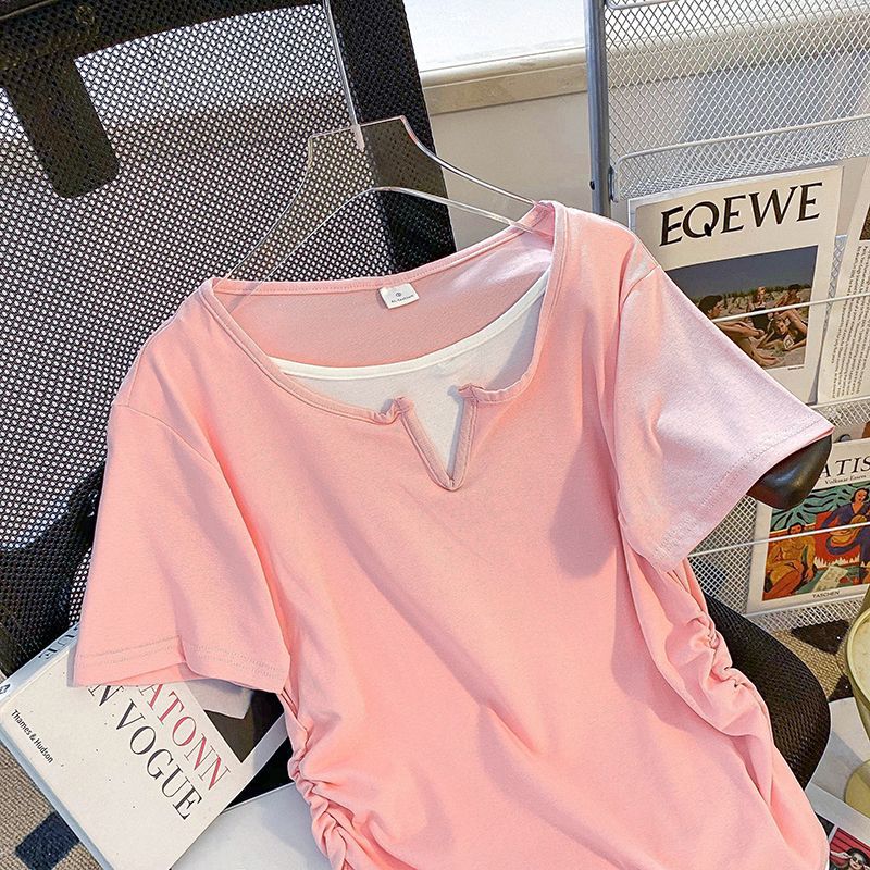 Nuevo algodón falso de dos piezas de empalme de color contraste blusa de manga corta hombro de verano delgado nicho camiseta dulce mujer