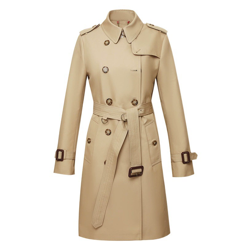 Jia Zehua 2025 Осеннее новое женское классическое двубортное пальто средней длины в стиле B из габардина с затягиванием талии.