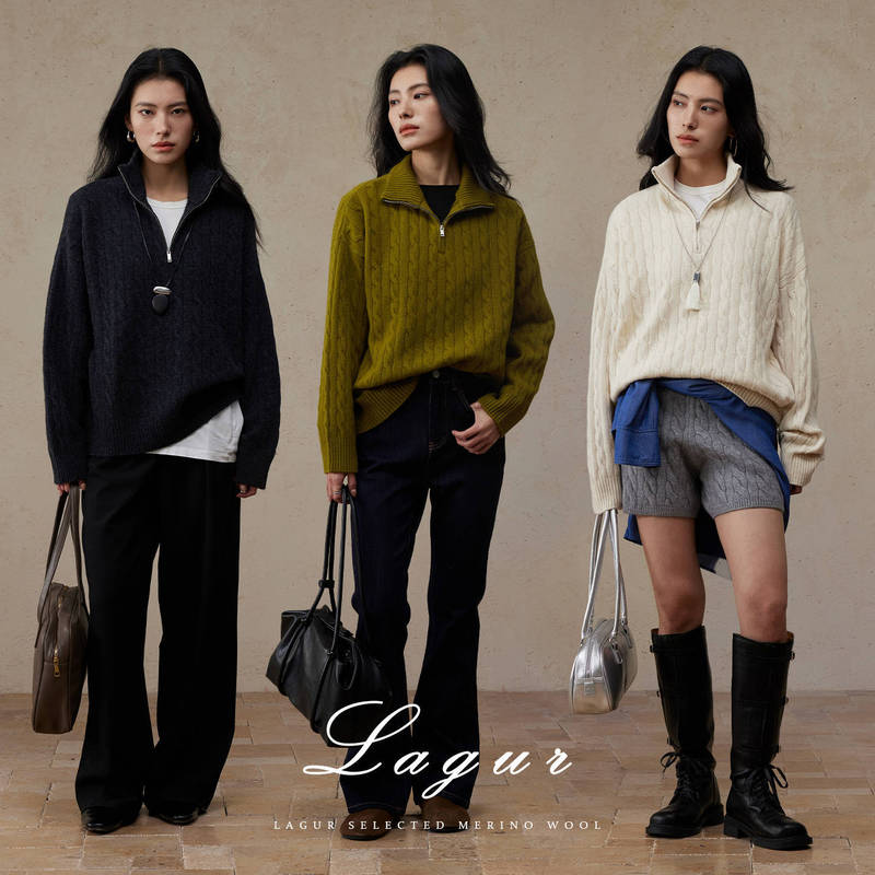 Heavy Weight and Thick! Lagur Normcore Row Style Retro Twist Sweater Stand Collar Zipper Pullover Woolen Sweater for Women Winter Heavy Weight and Thick! Lagur Normcore Row Style Retro Twist Sweater Stand Collar Zipper Pullover Woolen Sweater for Women Winter